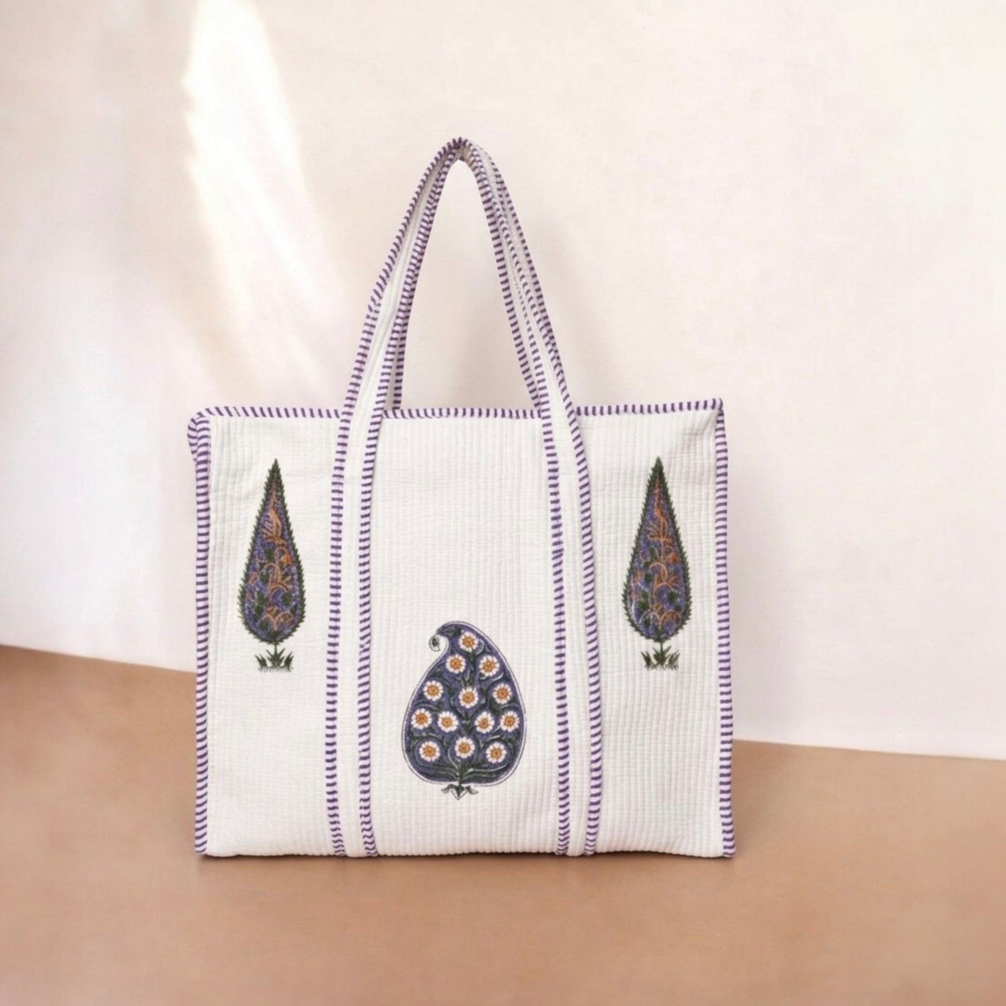 White Floral Orchid Purple Handblock Cotton Tote Bag | Handcrafted & Lightweight