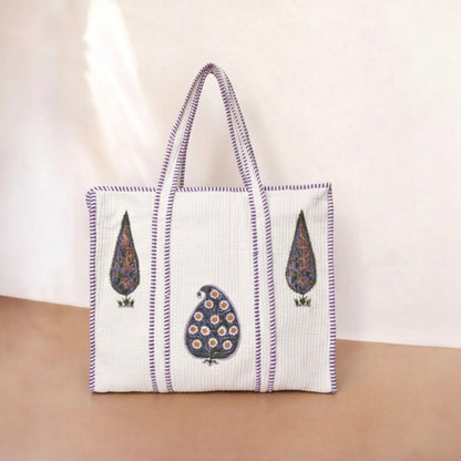 White Floral Orchid Purple Handblock Cotton Tote Bag | Handcrafted & Lightweight