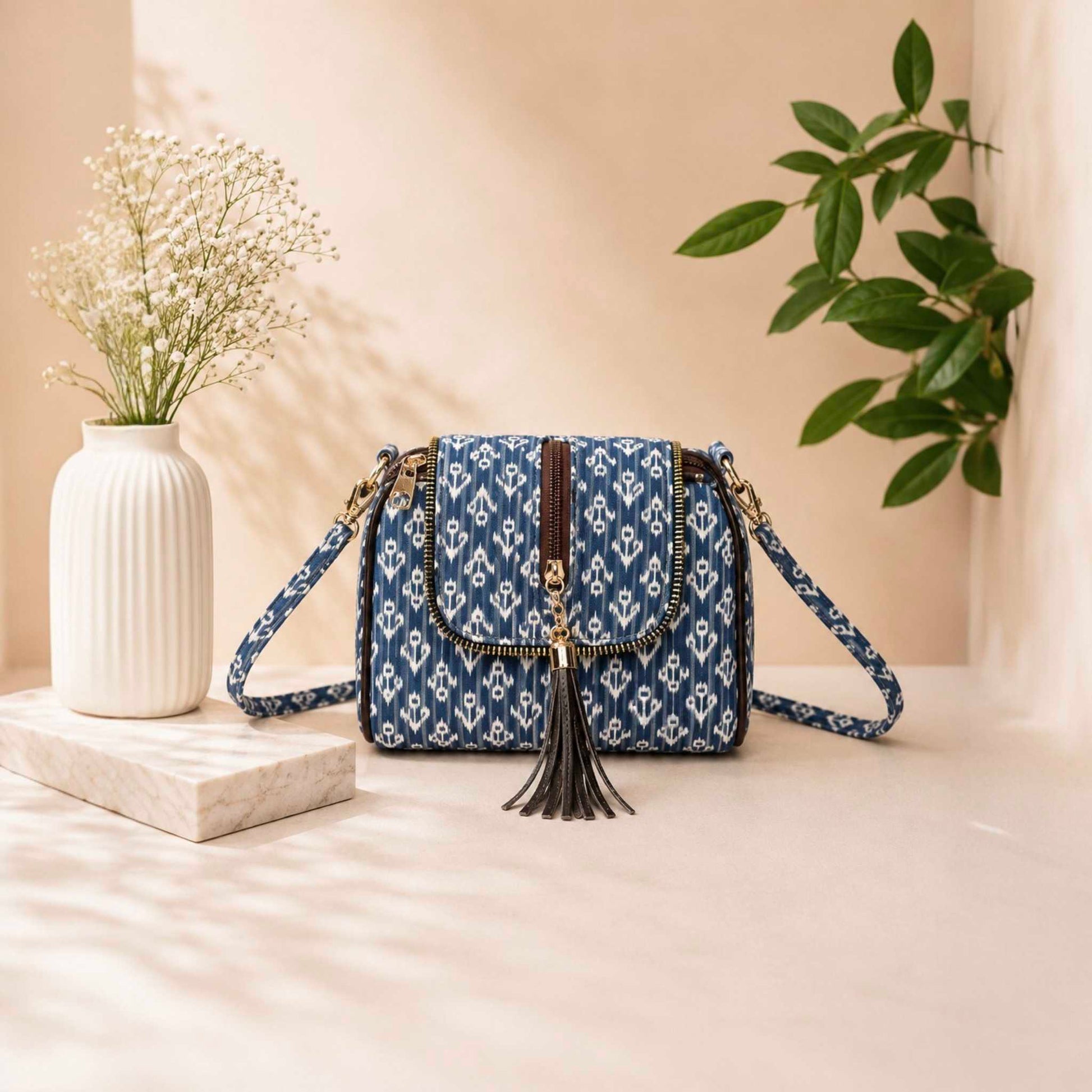 Blue patterned handbag with tassels on a light surface with a vase and plant in the background