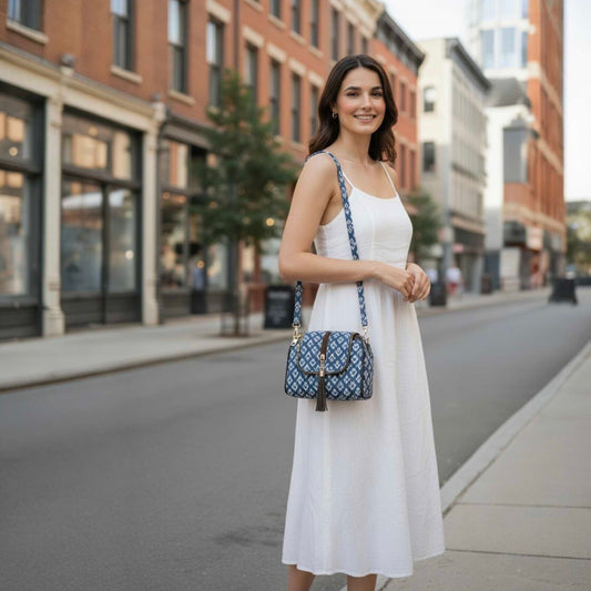Woman in a white dress holding a blue handbag on a city street.