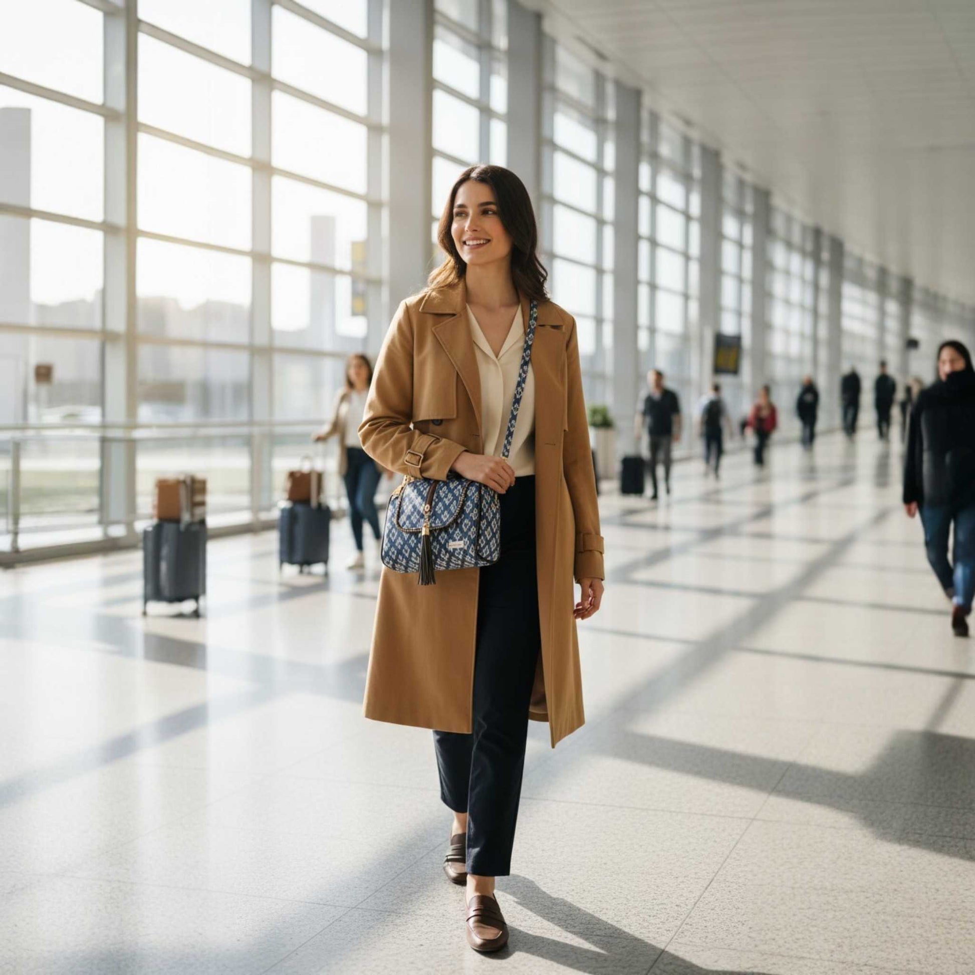 Woman in a tan coat walking through an airport terminal.