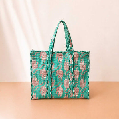 Mint Green Elegance Quilted Cotton Tote Bag Set (4-Pieces) | Handcrafted & Light-Weight