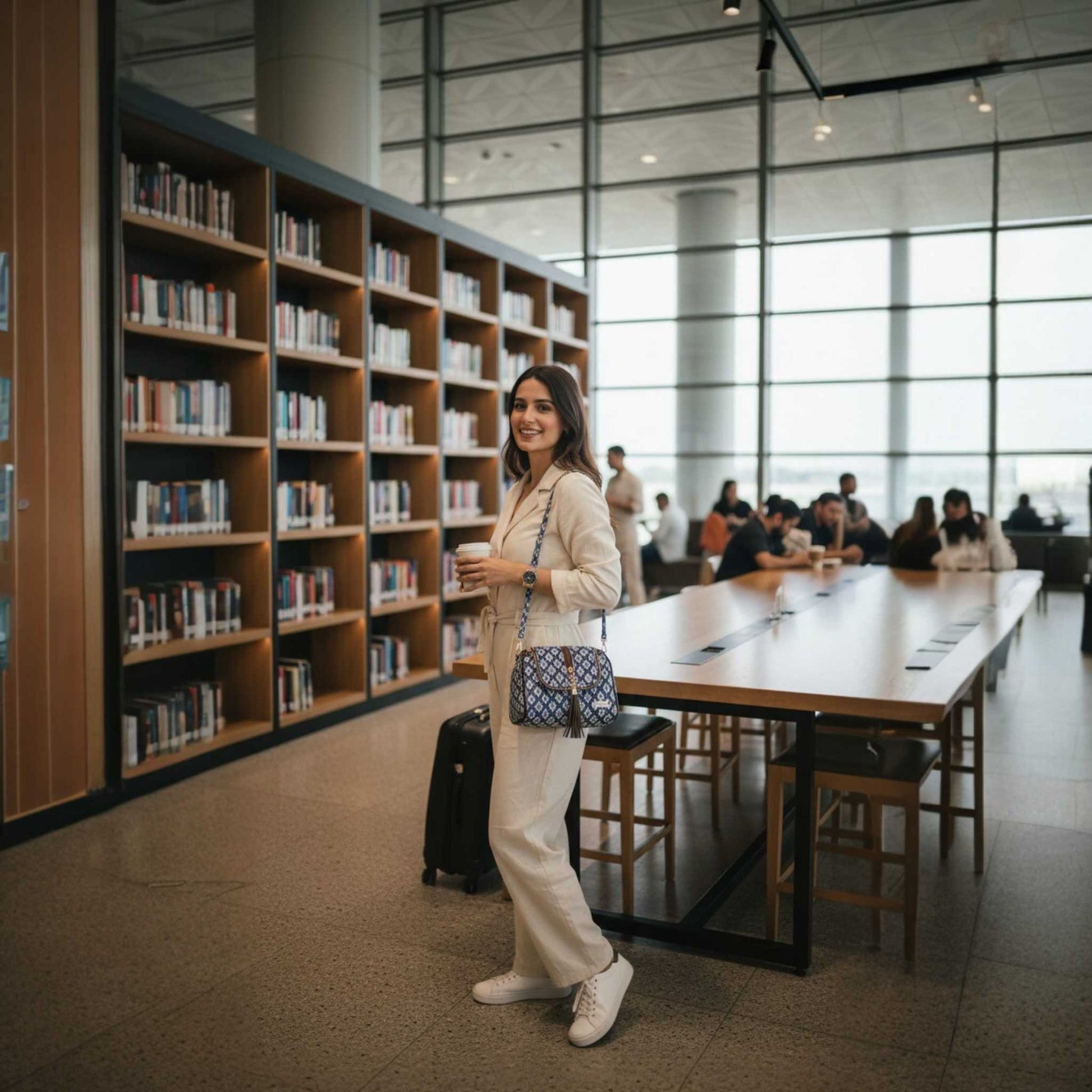 Woman standing in a library with bookshelves and tables in the background
