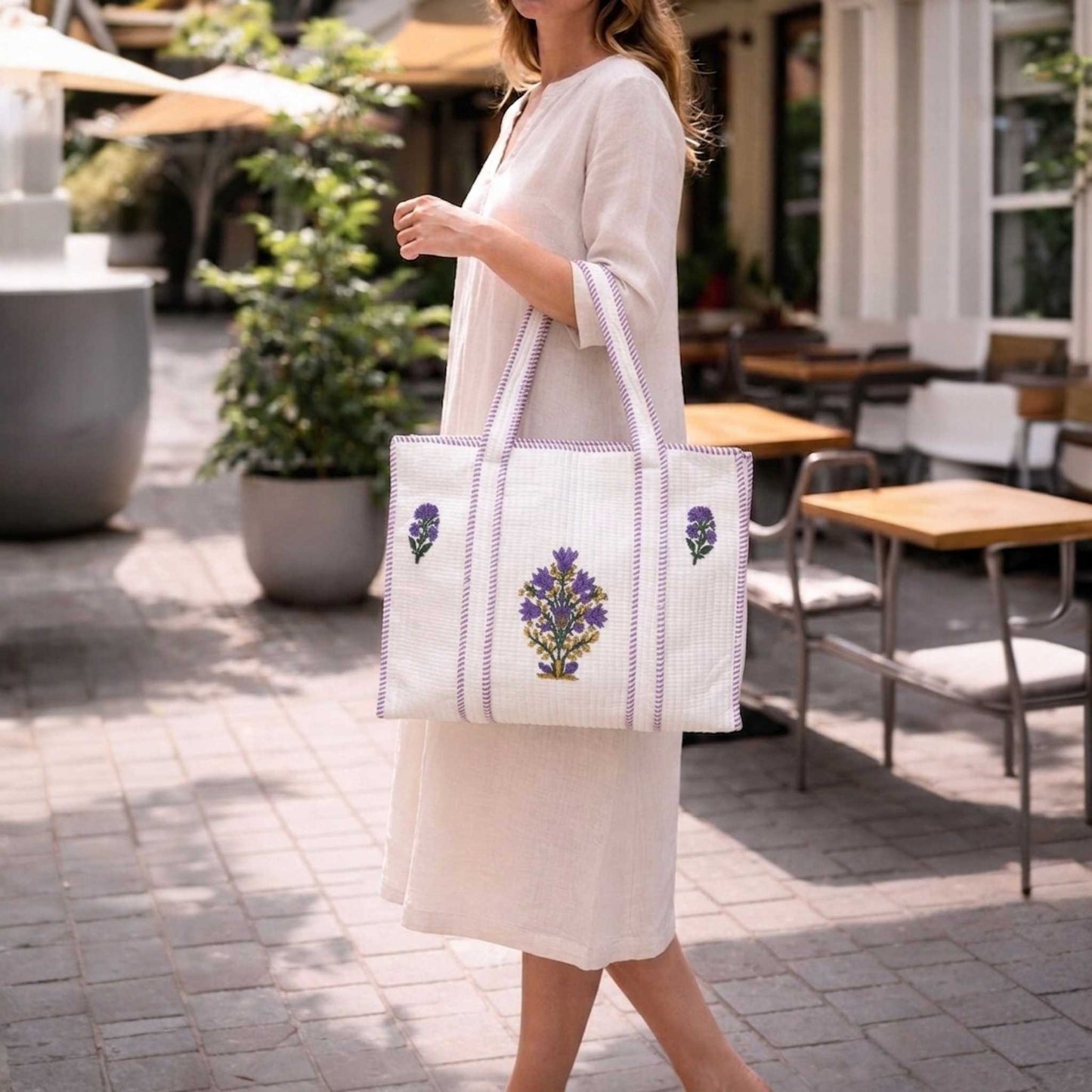 White Powder Floral Orchid Handblock Cotton Tote Bag | Handcrafted & Lightweight