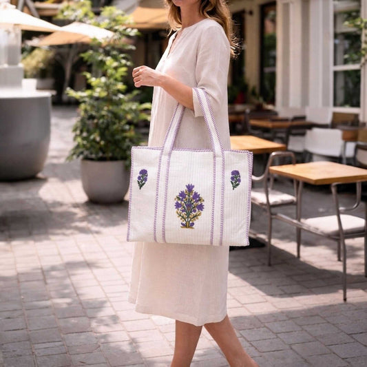White Powder Floral Orchid Handblock Cotton Tote Bag | Handcrafted & Lightweight
