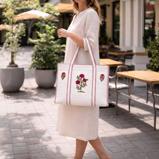 White Powder Gulabi Handblock Cotton Tote Bag | Handcrafted & Lightweight