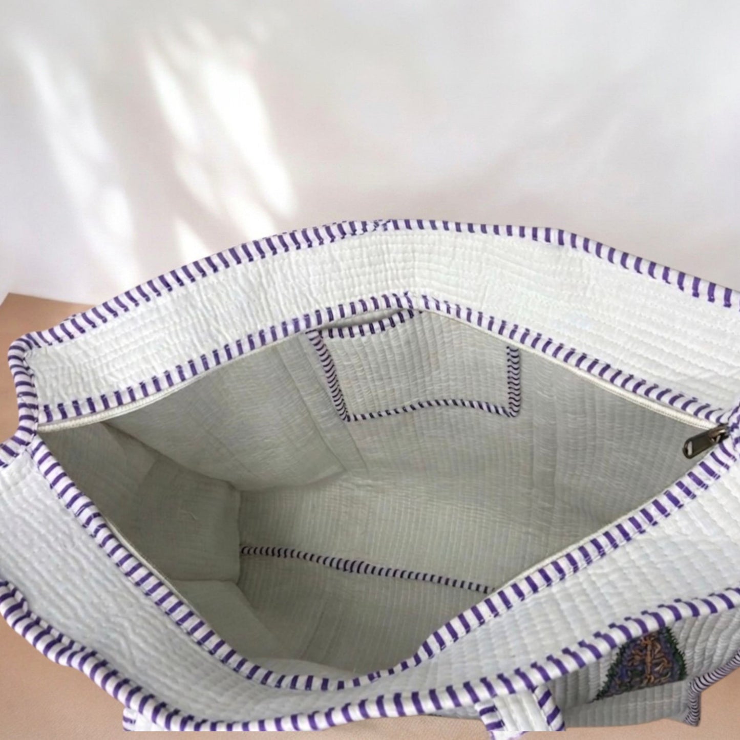 White Floral Orchid Purple Handblock Cotton Tote Bag | Handcrafted & Lightweight
