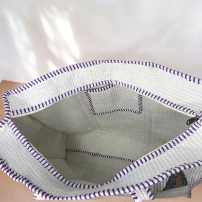 White Floral Orchid Purple Handblock Cotton Tote Bag | Handcrafted & Lightweight