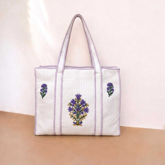 White Powder Floral Orchid Handblock Cotton Tote Bag | Handcrafted & Lightweight
