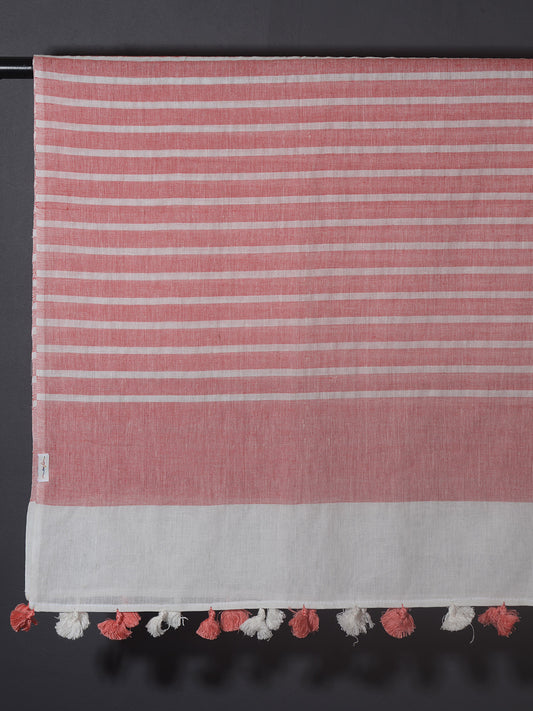 OMVAI Handcrafted Striped Linen Stole with Tassels - Coral Red
