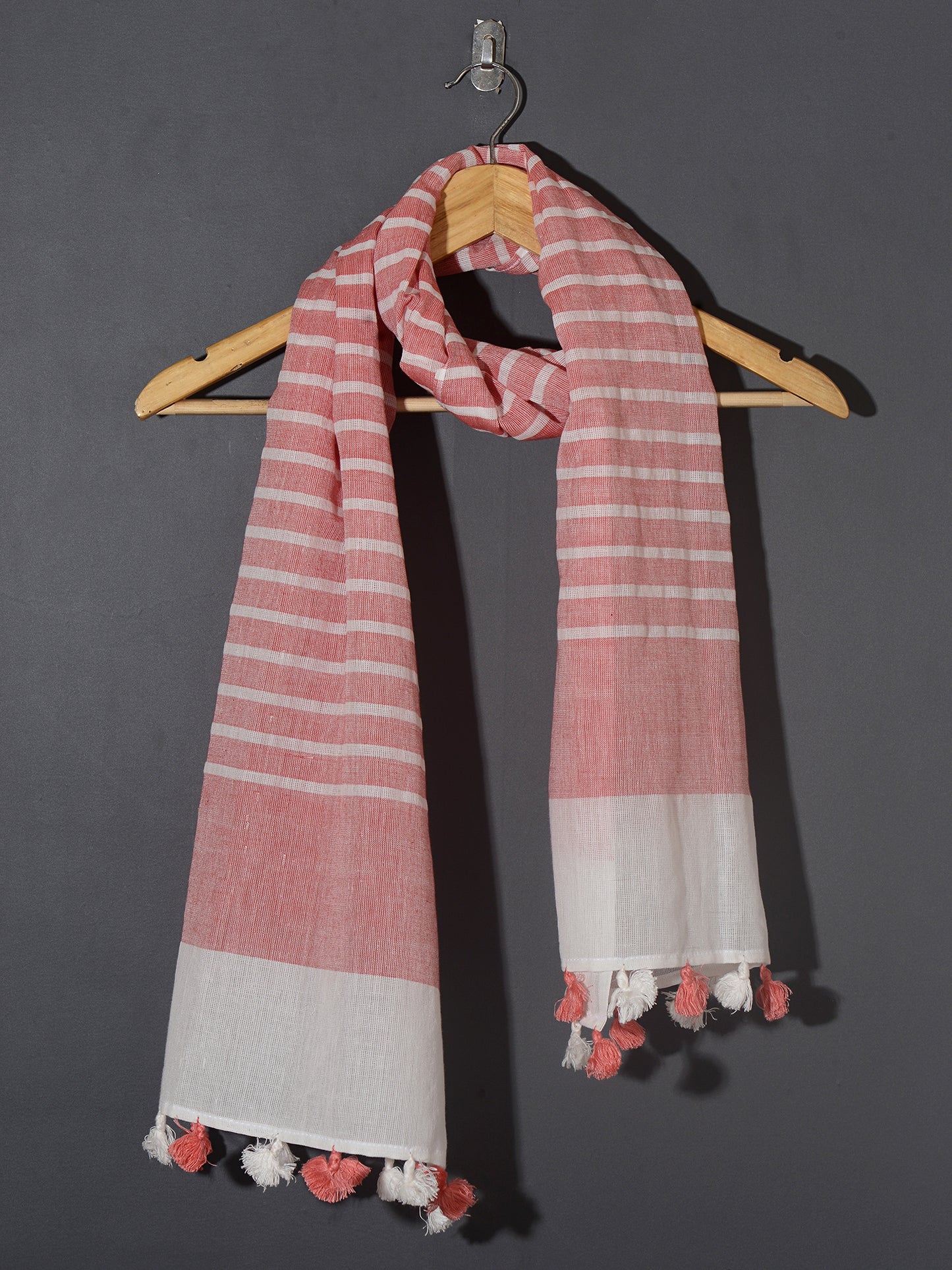 OMVAI Handcrafted Striped Linen Stole with Tassels - Coral Red