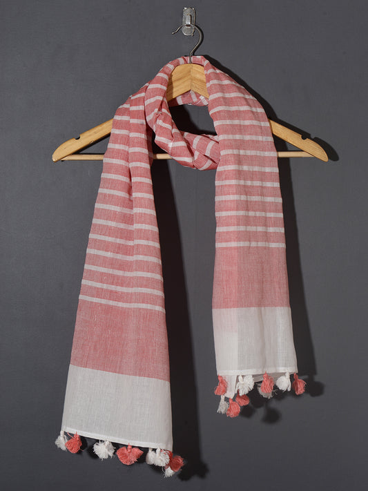 OMVAI Handcrafted Striped Linen Stole with Tassels - Coral Red