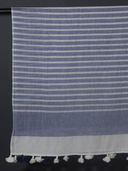 OMVAI Handcrafted Striped Linen Stole with Tassels - Indigo Blue