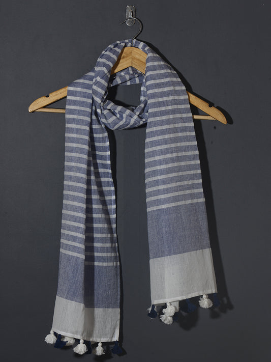 OMVAI Handcrafted Striped Linen Stole with Tassels - Indigo Blue