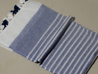 OMVAI Handcrafted Striped Linen Stole with Tassels - Indigo Blue
