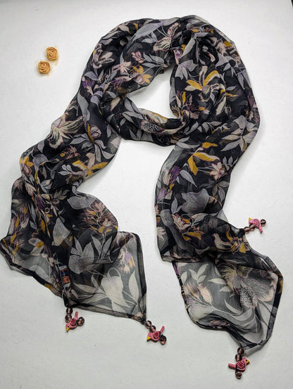 OMVAI Floral Bahaar Chiffon Stole - Charcoal
