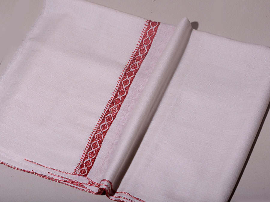 PALLA BORDER Gracious Hand Embroidered Stole - Pearl white Red