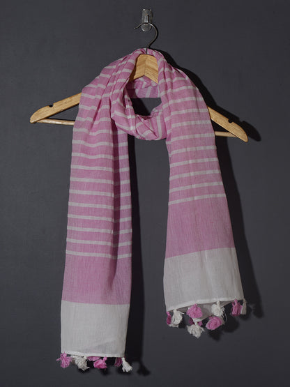 OMVAI Handcrafted Striped Linen Stole with Tassels - Pretty Pink