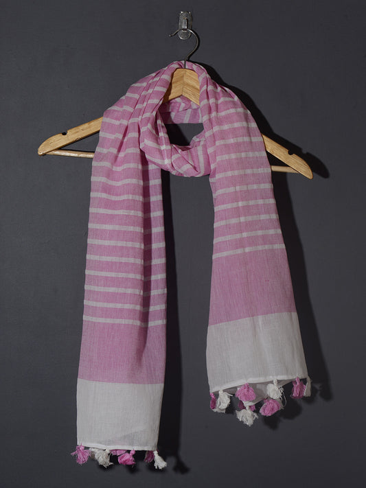 OMVAI Handcrafted Striped Linen Stole with Tassels - Pretty Pink