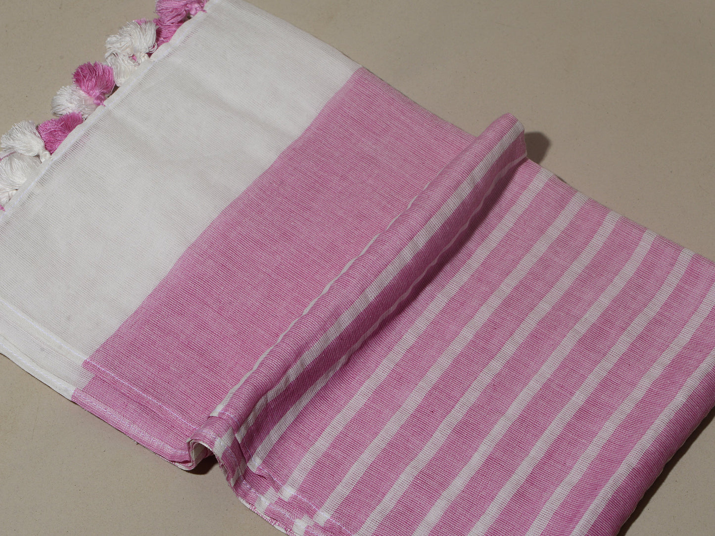 OMVAI Handcrafted Striped Linen Stole with Tassels - Pretty Pink