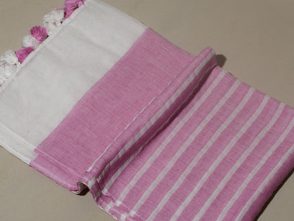 OMVAI Handcrafted Striped Linen Stole with Tassels - Pretty Pink
