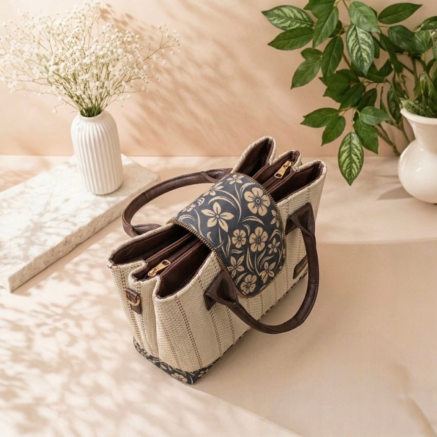 Handbag with floral pattern on a light surface with plants in the background