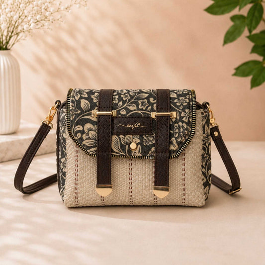 Floral patterned handbag with woven design on a neutral background