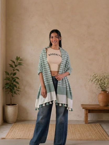OMVAI Handcrafted Striped Linen Stole with Tassels - Meadow Green