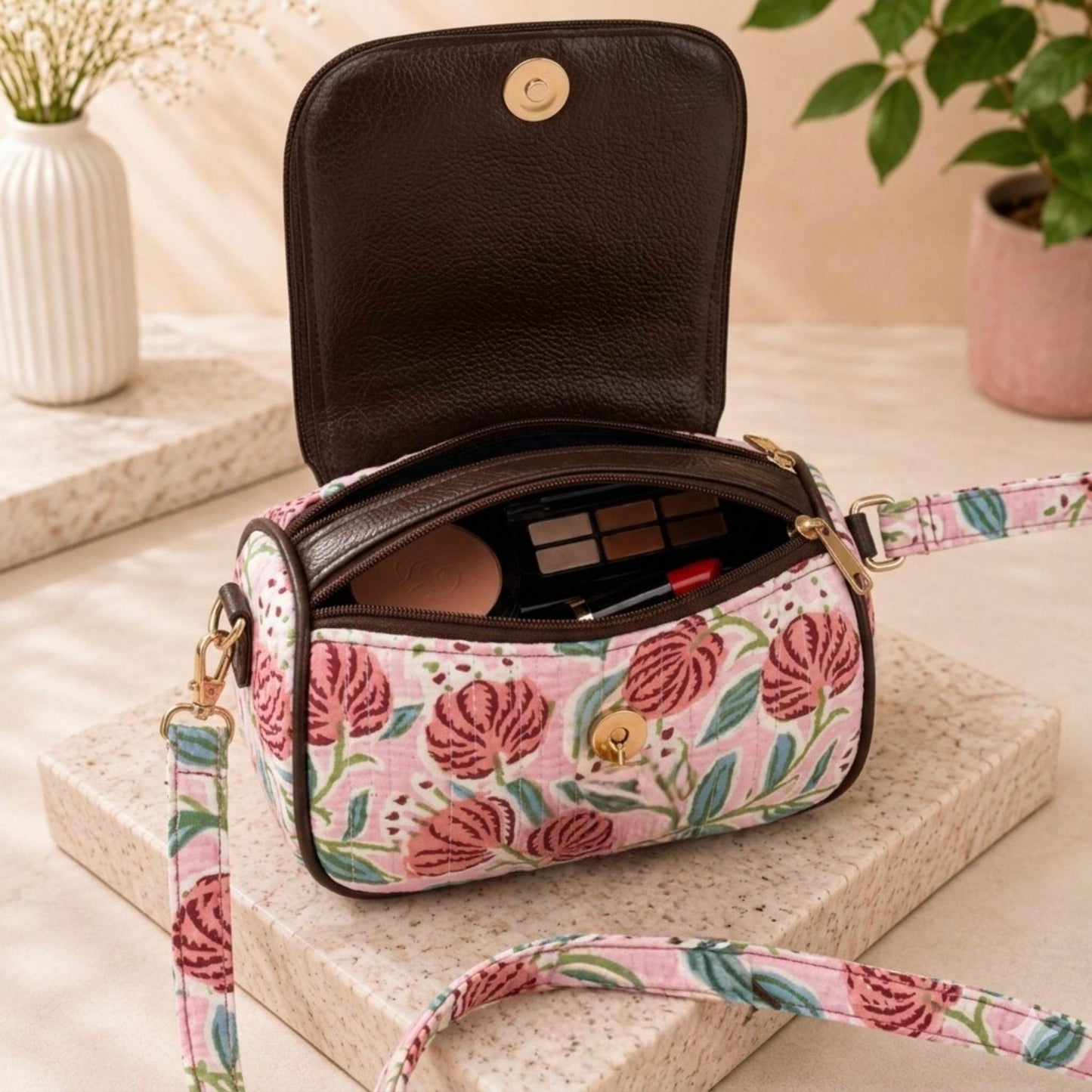 Floral-patterned makeup bag with a pink strap on a light surface.