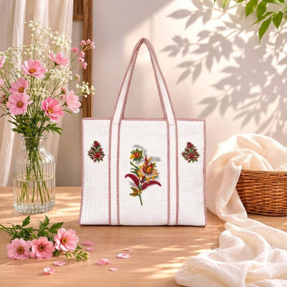 White Floral-Red Handblock Printed Cotton Tote Bag | Handcrafted & Lightweight