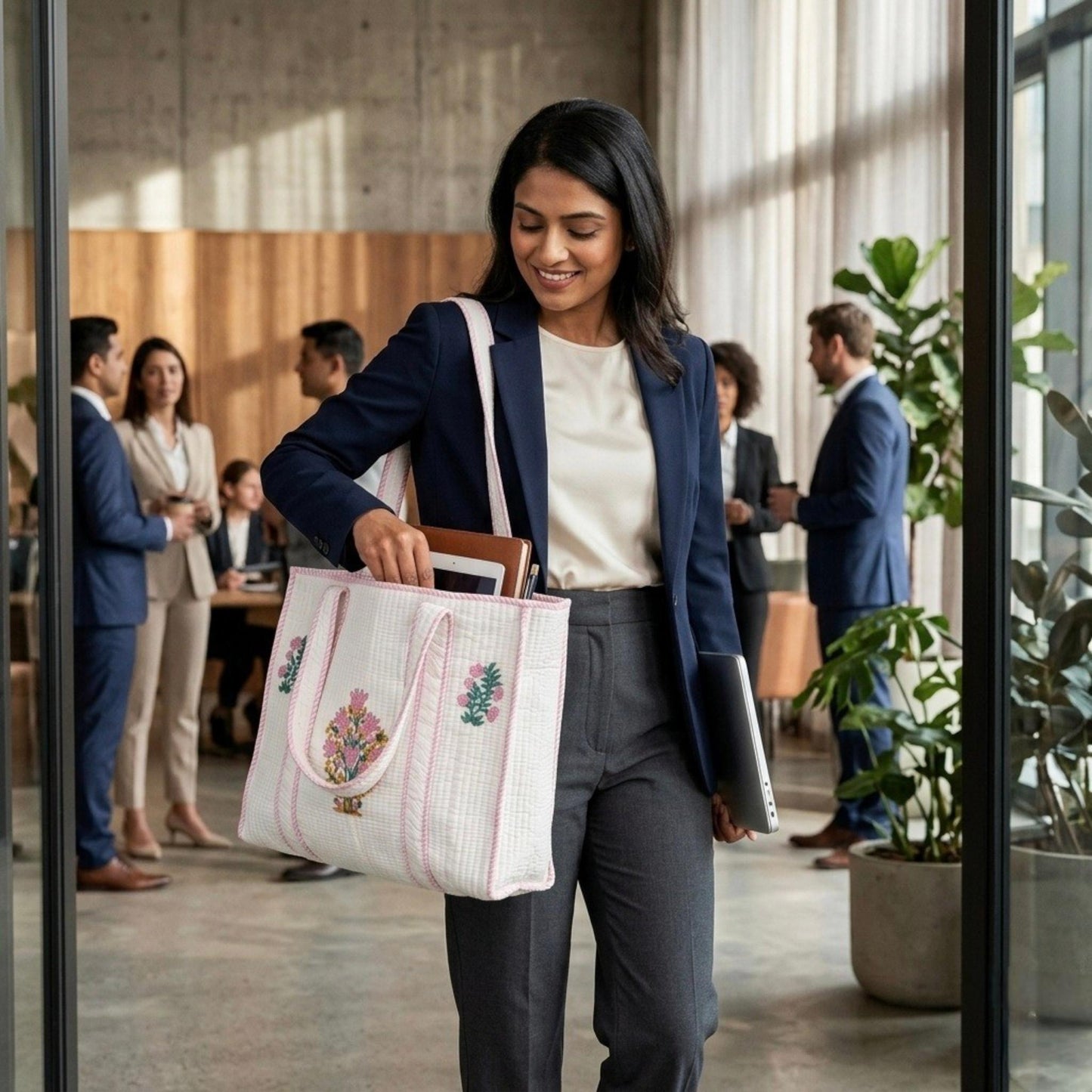 White Floral Pink Handblock Cotton Tote Bag | Handcrafted & Lightweight