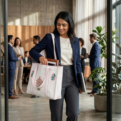 White Floral Pink Handblock Cotton Tote Bag | Handcrafted & Lightweight