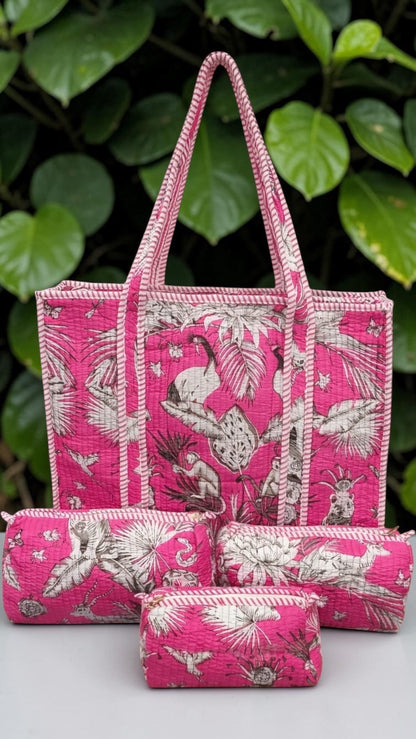 Pink Handcrafted Quilted Tote Bag Set (4-Piece) | Travel, Everyday & Gifting
