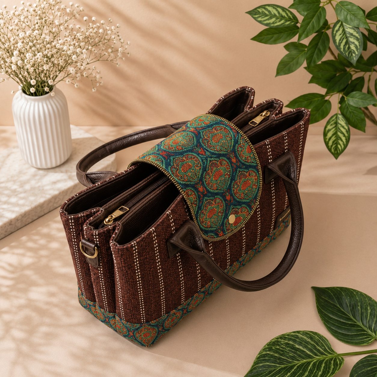 A structured brown woven handbag with dark brown leather handles and trim, featuring a green and orange patterned fabric flap and matching patterned base, styled on a beige surface with decorative plants and a vase.
