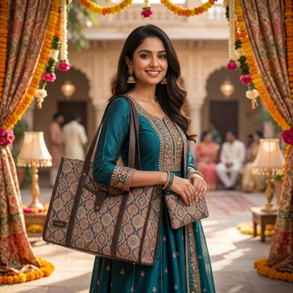 A woman in a teal traditional outfit stands in an ornate courtyard holding a large patterned tote bag and a matching clutch. The setting features colorful marigold garlands, patterned curtains, and warm lamps in the background.