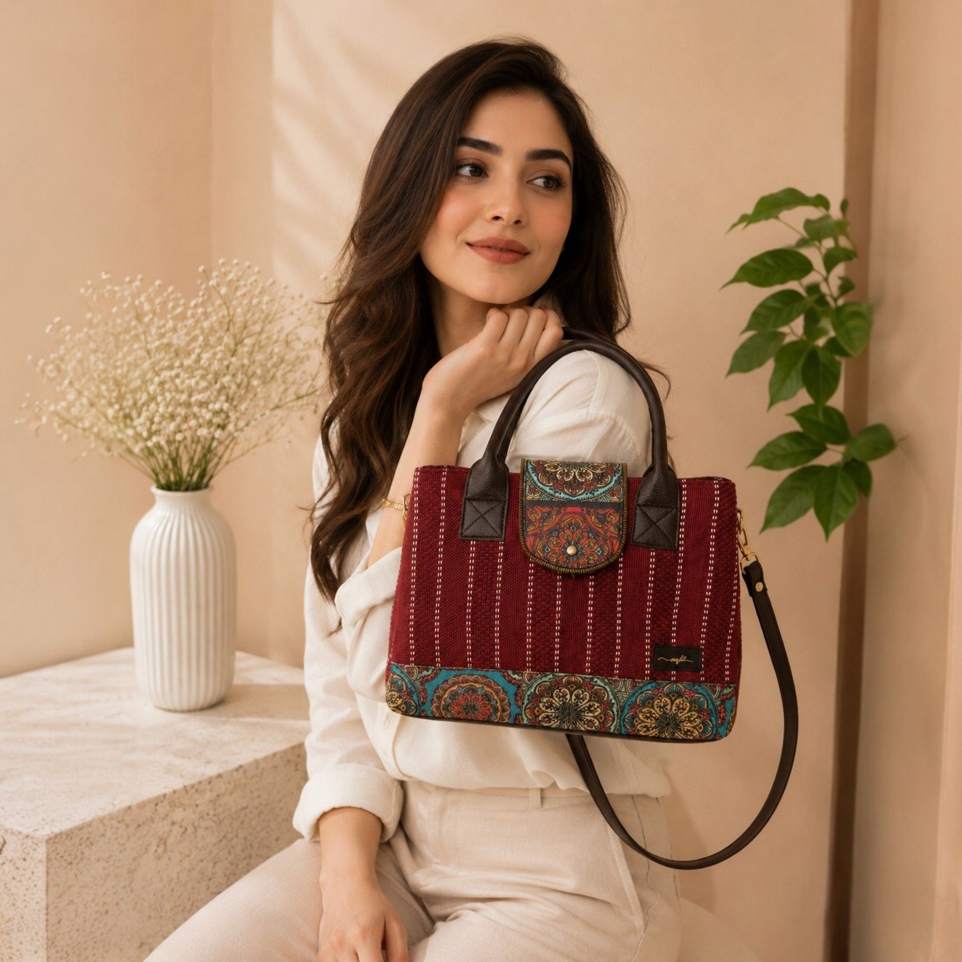 Woman holding a red handbag with intricate patterns in a home setting