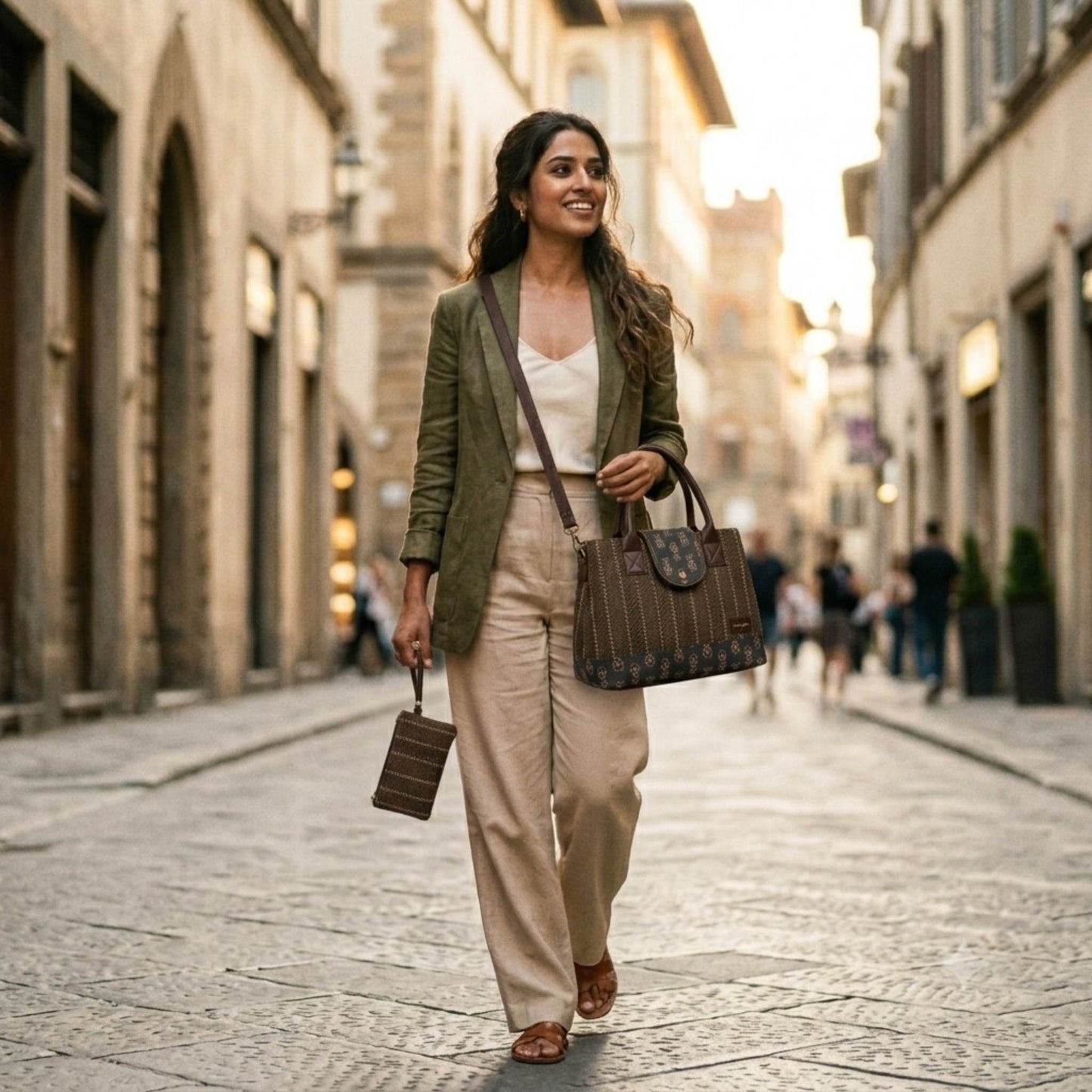 Woman walking down a street in an urban setting with buildings and people in the background.