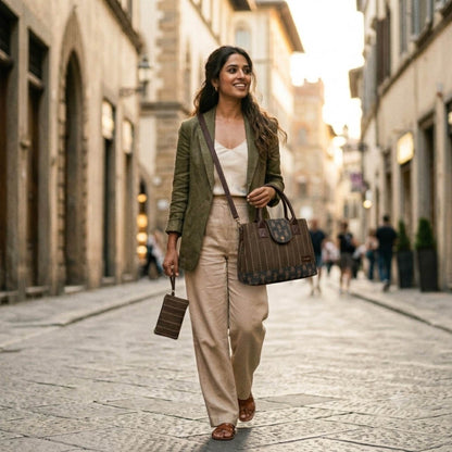 Woman walking down a street in an urban setting with buildings and people in the background.