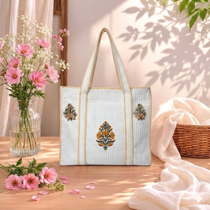 White Handblock Motif Orange Cotton Tote Bag | Handcrafted & Lightweight