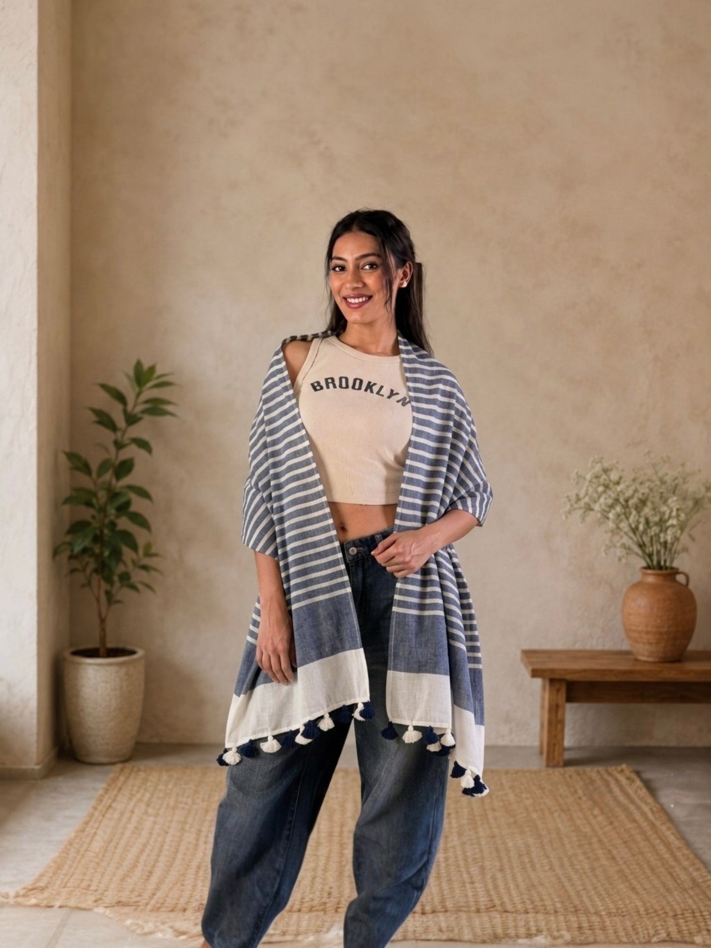 OMVAI Handcrafted Striped Linen Stole with Tassels - Indigo Blue
