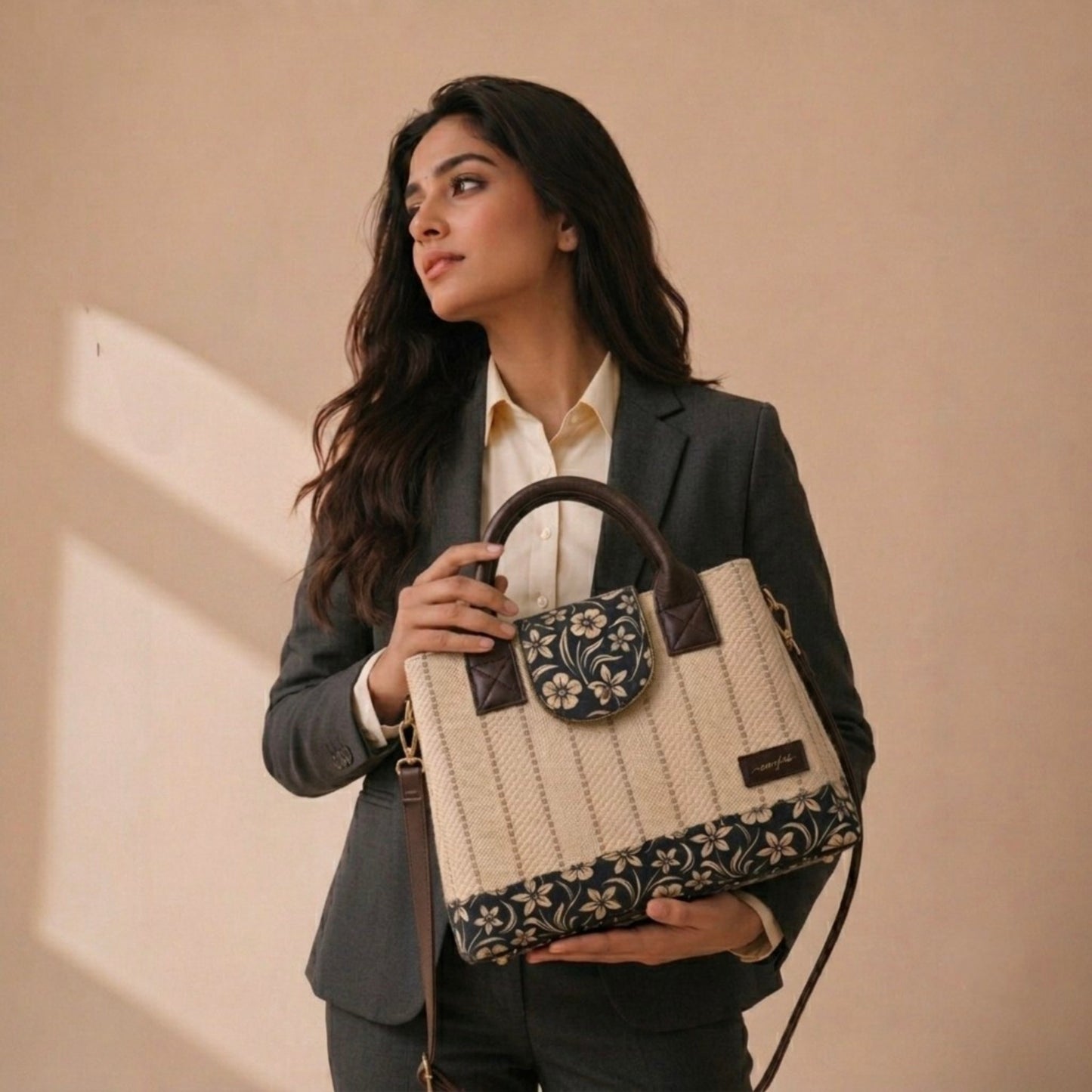 Woman holding a beige handbag with floral embroidery against a beige background