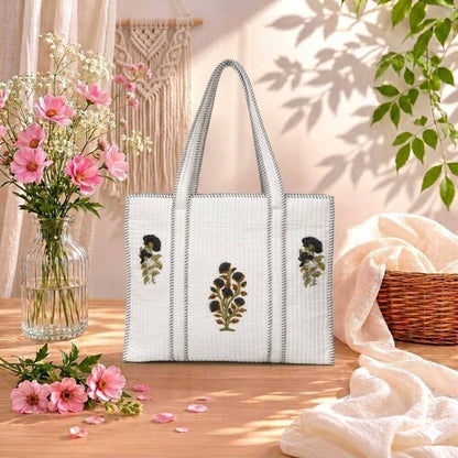 White Handblock Botanical Cotton Tote Bag | Handcrafted & Lightweight