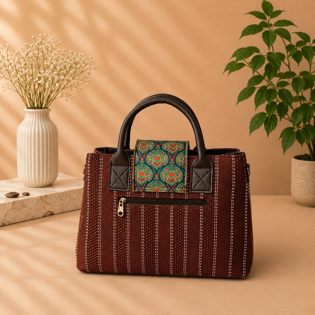 A structured tote handbag with dark brown leather handles and trim, featuring a front zip pocket and a colorful geometric patterned fabric accent on the top flap. The bag is styled on a beige surface with a warm peach background, flanked by a white vase of dried flowers on the left and a green potted plant on the right.
