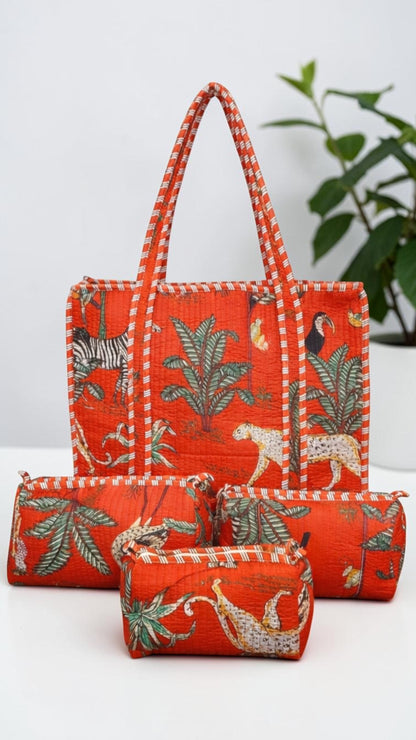 Rust Red Jungle Print Quilted Tote Bag Set (4-Piece) | Handcrafted Cotton