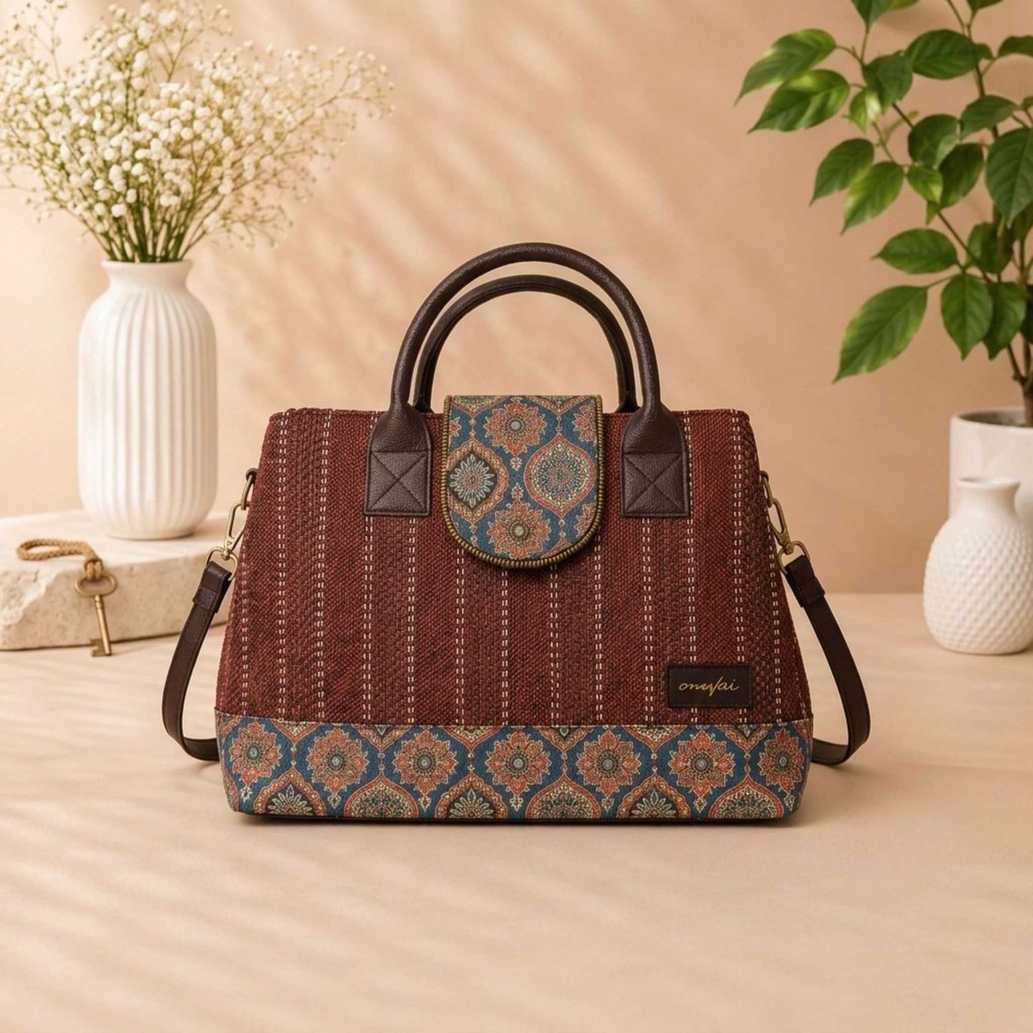 Patterned handbag on a wooden surface with decorative elements