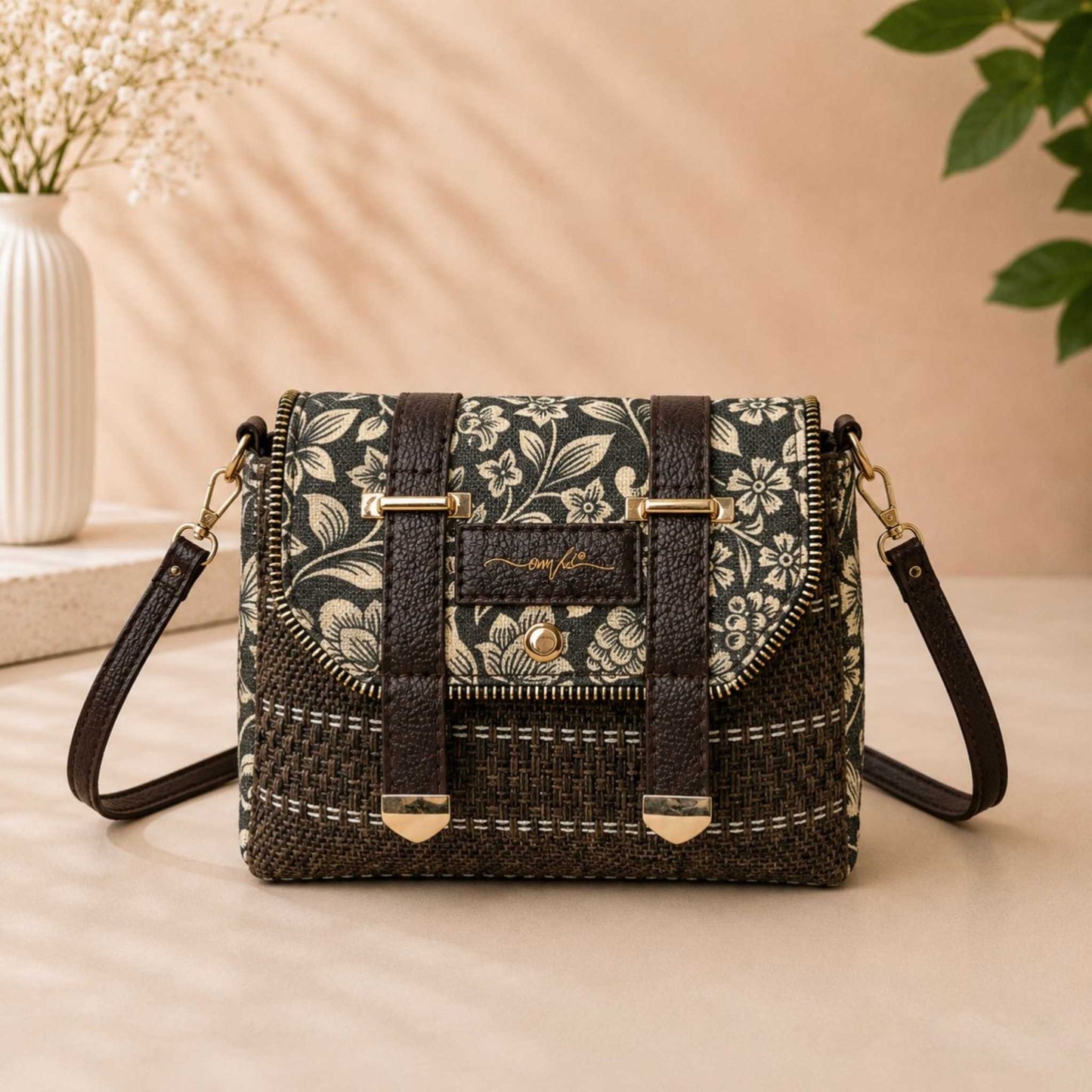 Floral patterned handbag with woven design on a beige surface