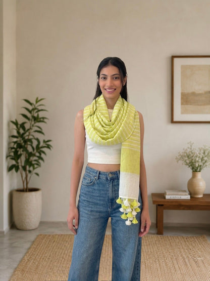 OMVAI Handcrafted Striped Linen Stole with Tassels - Lemon Green