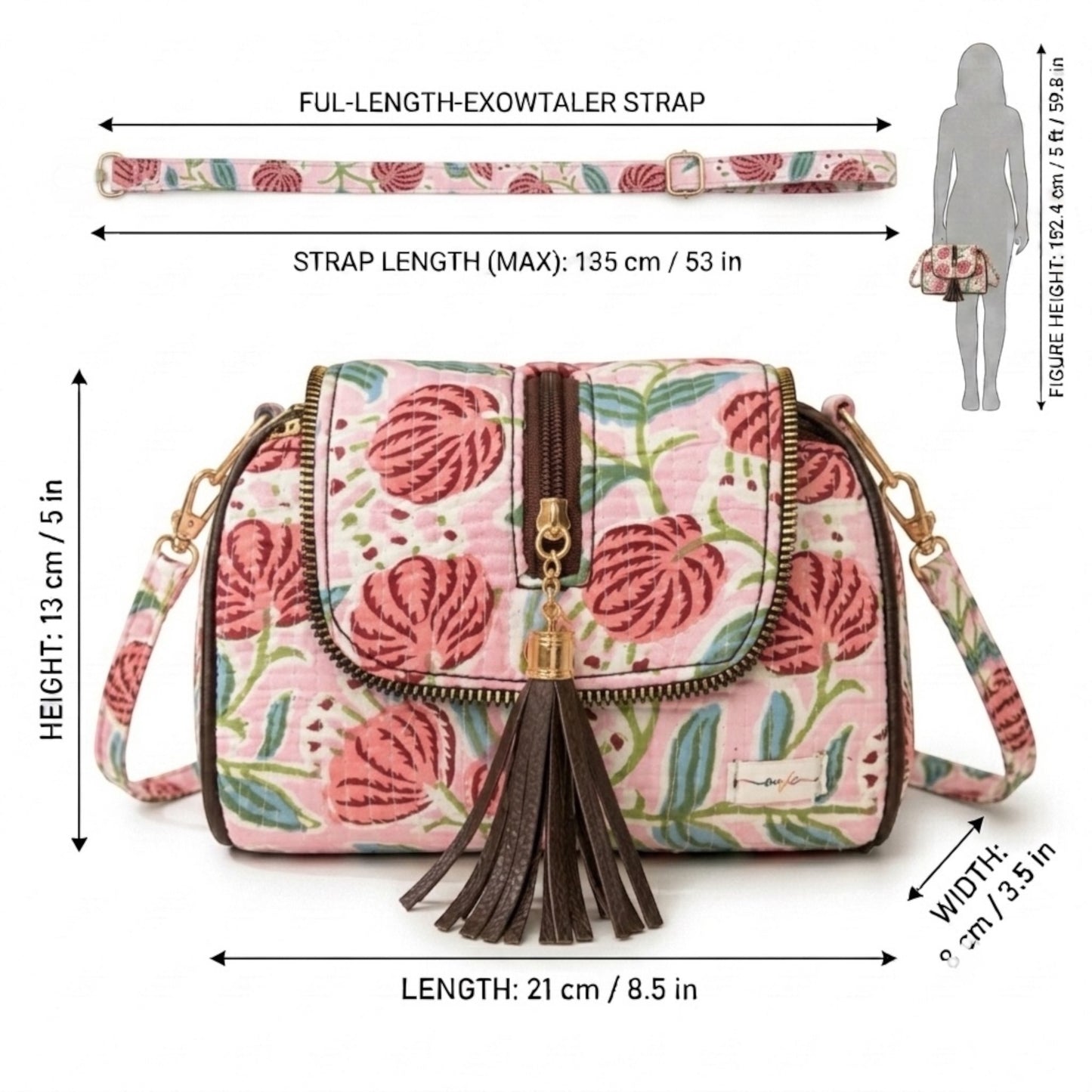 Handcrafted sling bag features a vibrant pink floral pattern | OMVAI