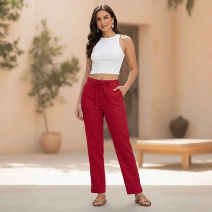 OMVAI Red Cotton Pants : Relaxed Fit, Breathable & Comfortable