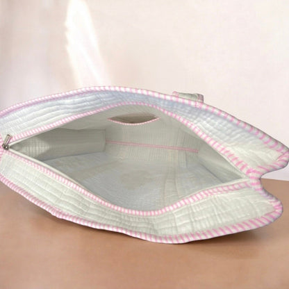 White Floral Pink Handblock Cotton Tote Bag | Handcrafted & Lightweight